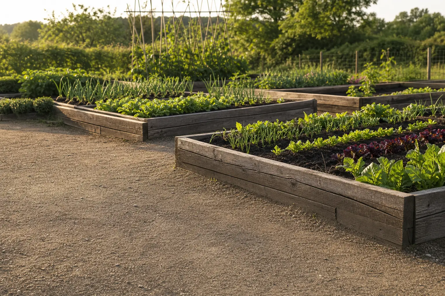 Raised beds on an allotment in soft afternoon light