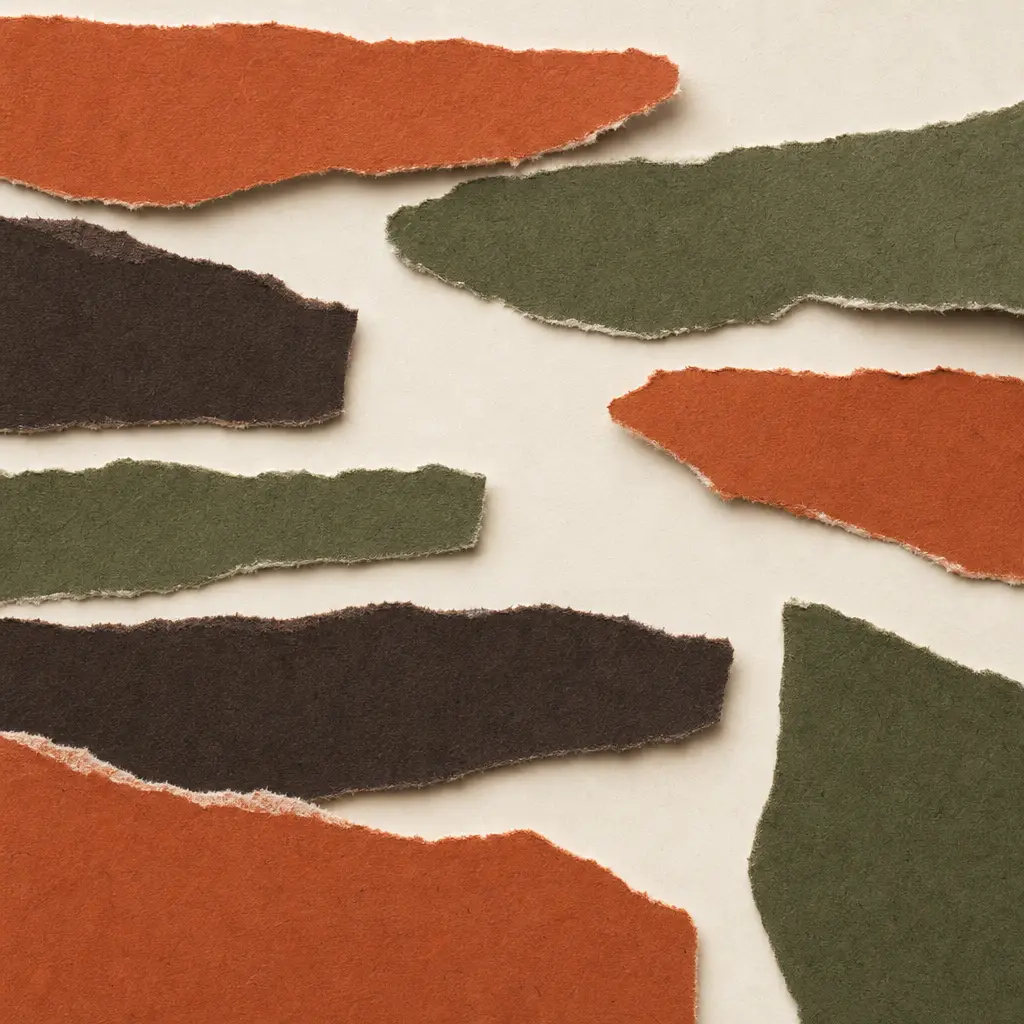 Torn strips of terracotta and moss paper arranged on cream