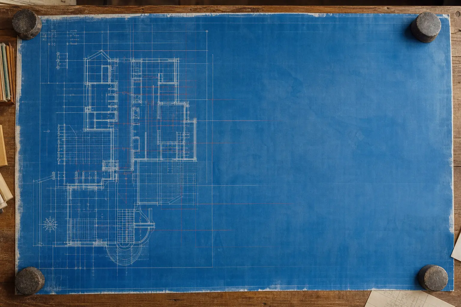 A large blueprint unrolled across a drafting table
