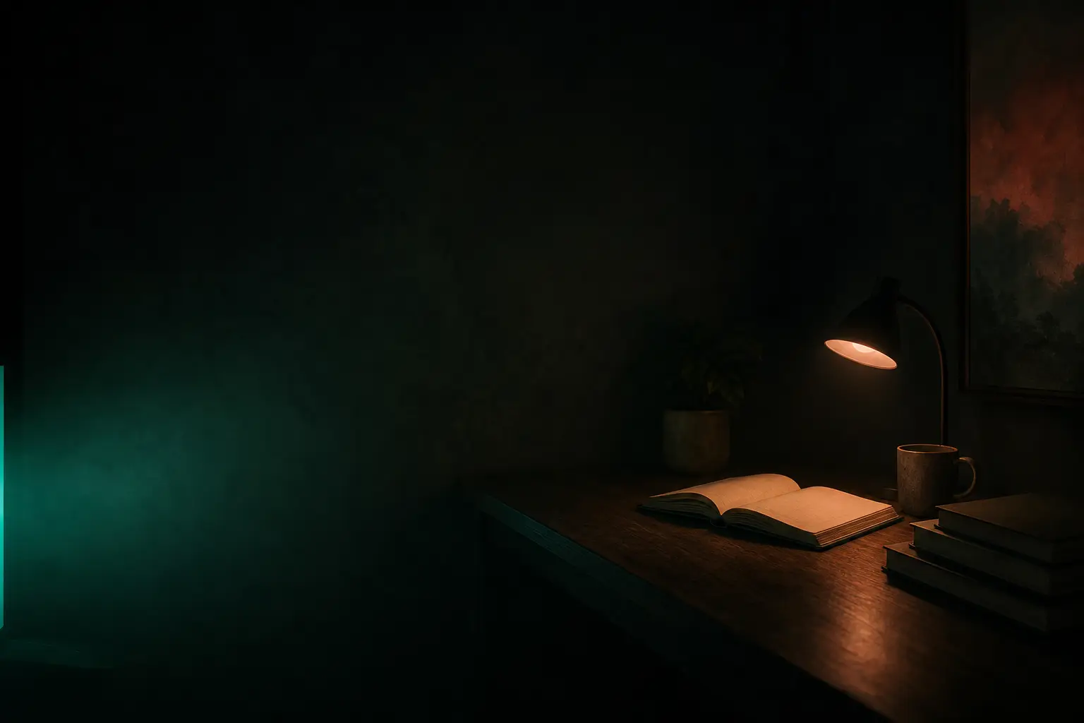 A dark desk lit by one lamp with a jade glow behind