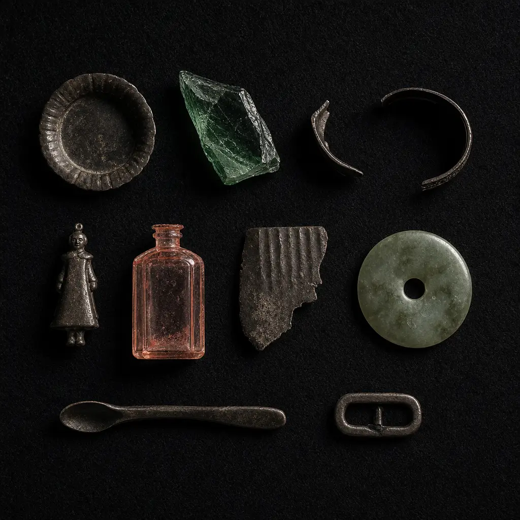 Small objects laid out on black felt under raking light