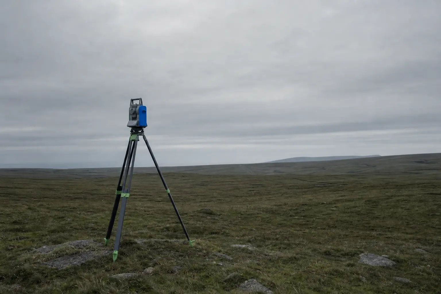 A survey tripod standing on open moorland