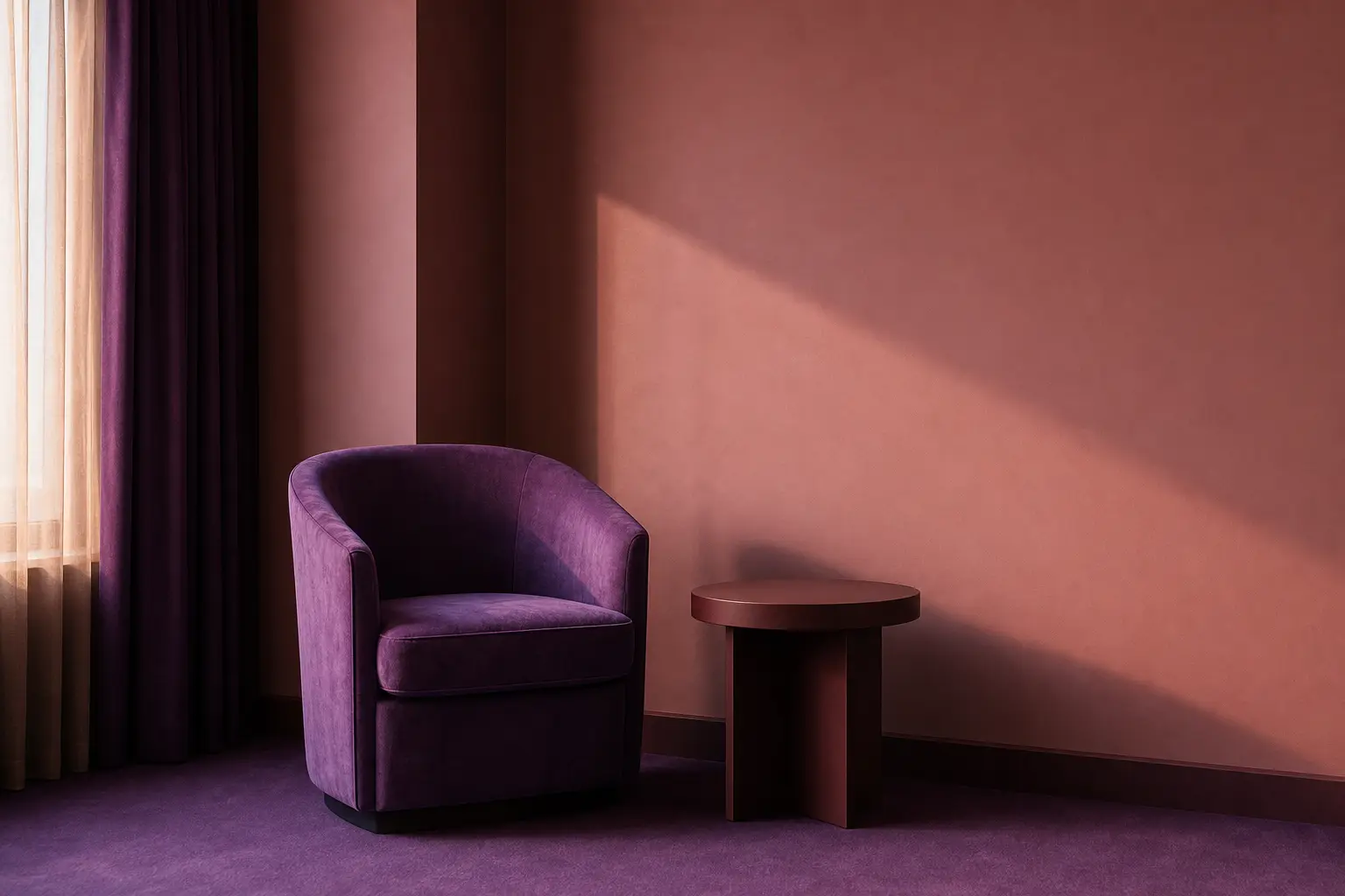 A corner of a hotel room with a chair and soft shadow