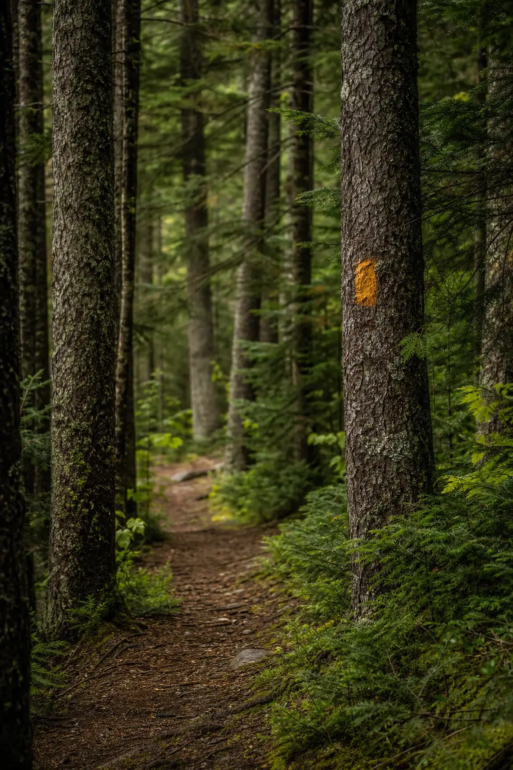 A narrow trail marked with an amber blaze on a green trunk