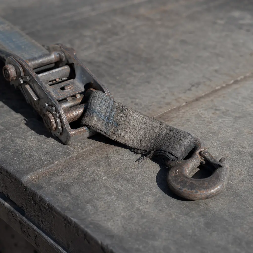 A ratchet strap and hook against a stone-grey deck