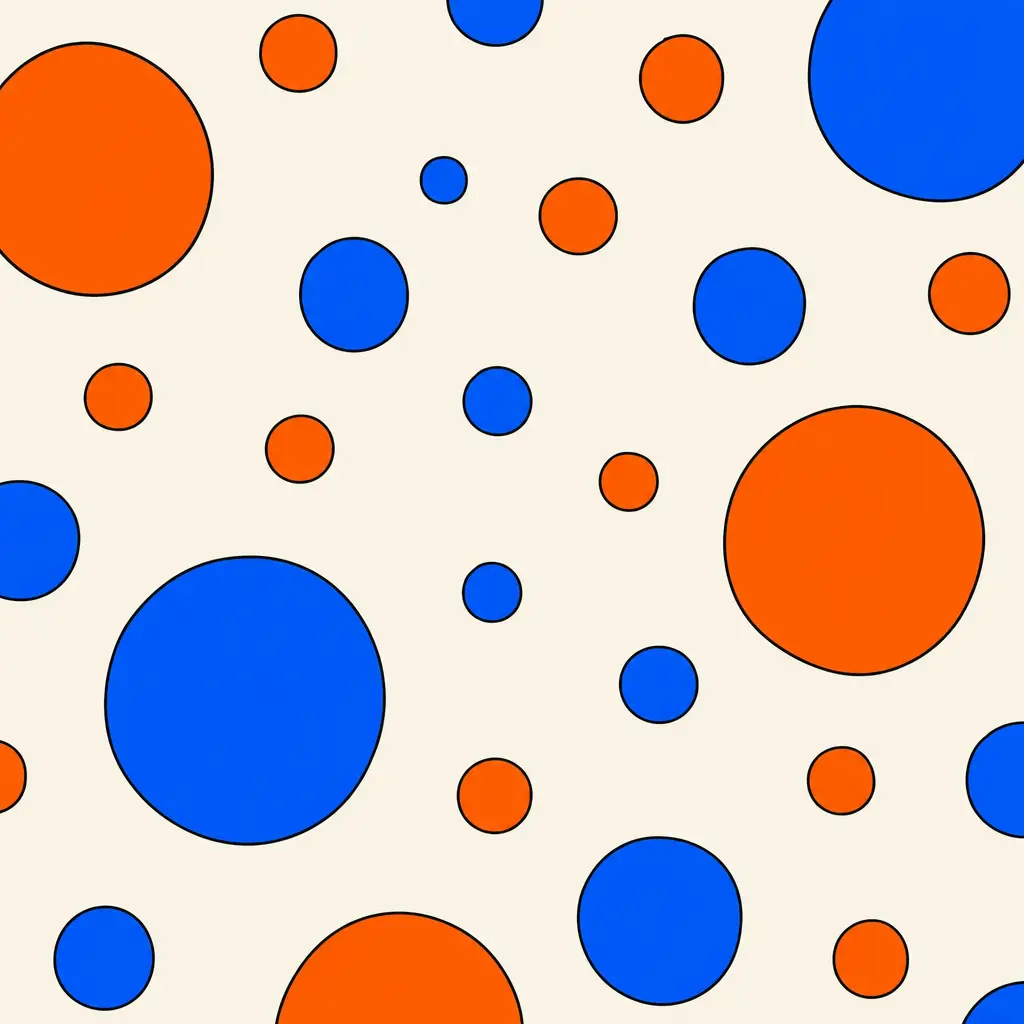 An irregular grid of orange and blue dots on cream