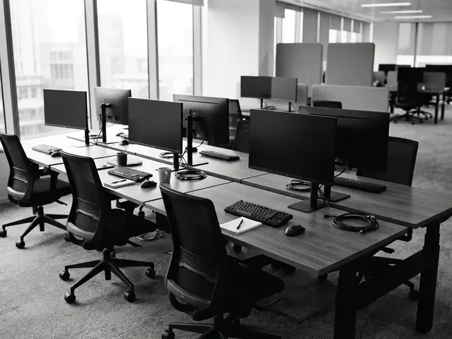 Black and white photograph of empty desks and monitors