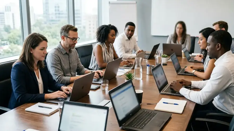 A conference room with open laptops along the table