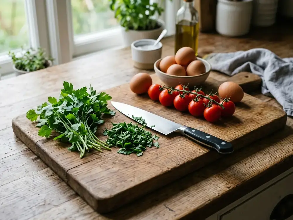 Cutting board with knife, eggs, tomatoes and greens
