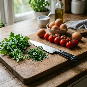 Cutting board with knife, eggs, tomatoes and greens