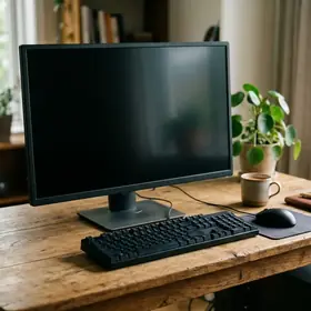 An empty desk beside a tall office window