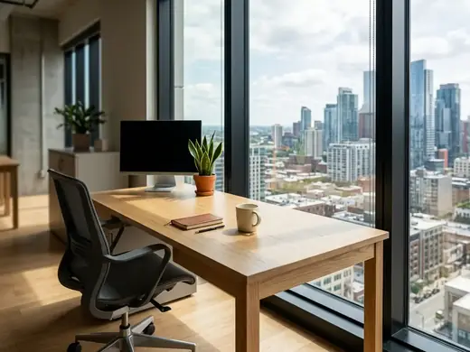 An empty desk beside a tall office window