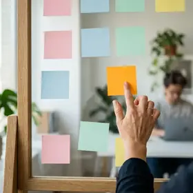 A team workshop with sticky notes on a whiteboard