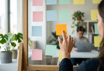 A hand placing a sticky note on a planning wall
