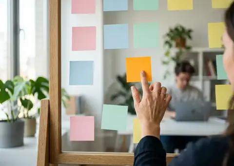 A team workshop with sticky notes on a whiteboard