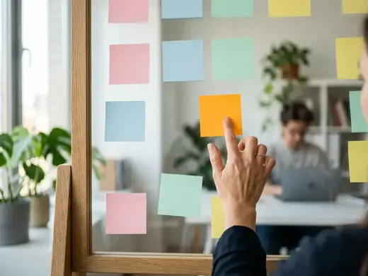 A team workshop with sticky notes on a whiteboard