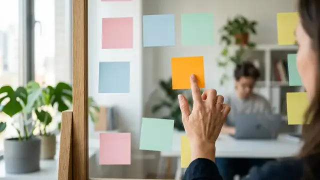 A hand placing a sticky note on a planning wall