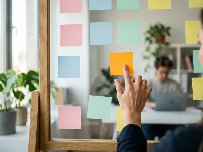 A hand placing a sticky note on a planning wall