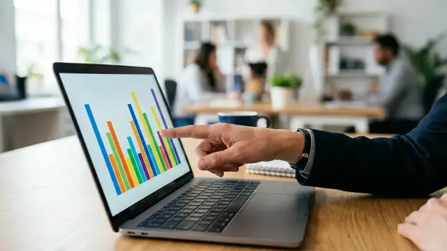A hand pointing at a chart on a laptop screen