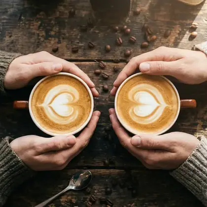 Two latte cups held over a dark table, seen from above