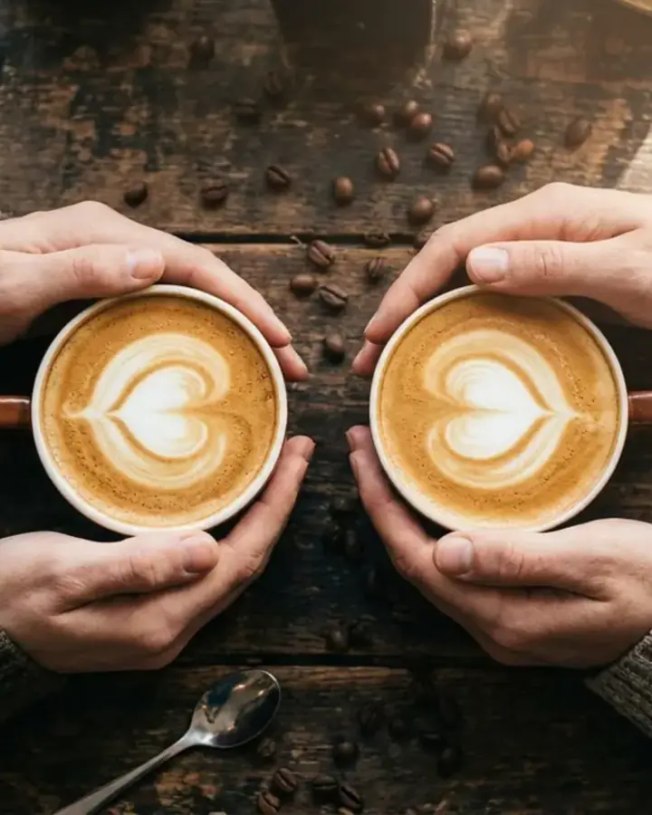 Two latte cups held over a dark table, seen from above