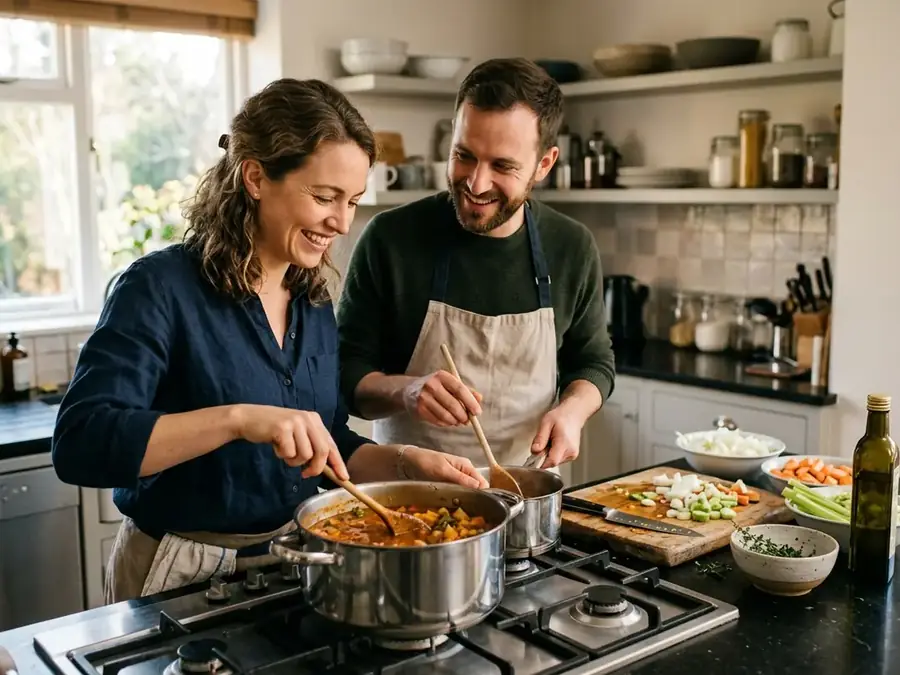 Two people cooking together at a home stove