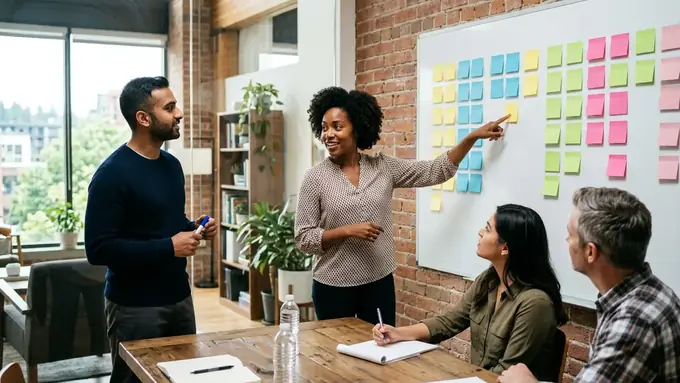 A team workshop with sticky notes on a whiteboard