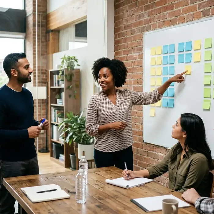 A team workshop with sticky notes on a whiteboard